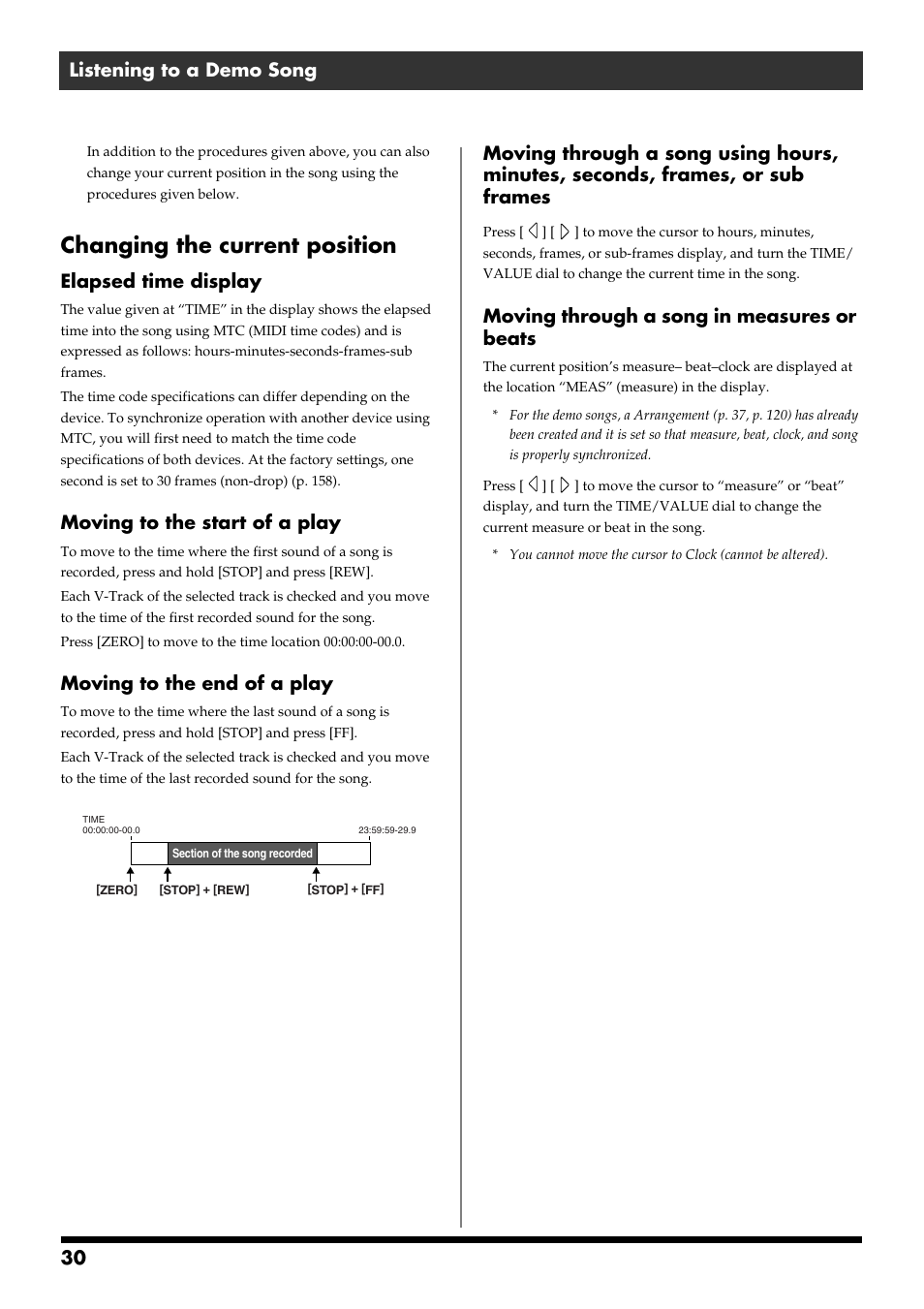 Changing the current position, 30 listening to a demo song, Elapsed time display | Moving to the start of a play, Moving to the end of a play, Moving through a song in measures or beats | Boss Audio Systems BR-900CD User Manual | Page 30 / 232