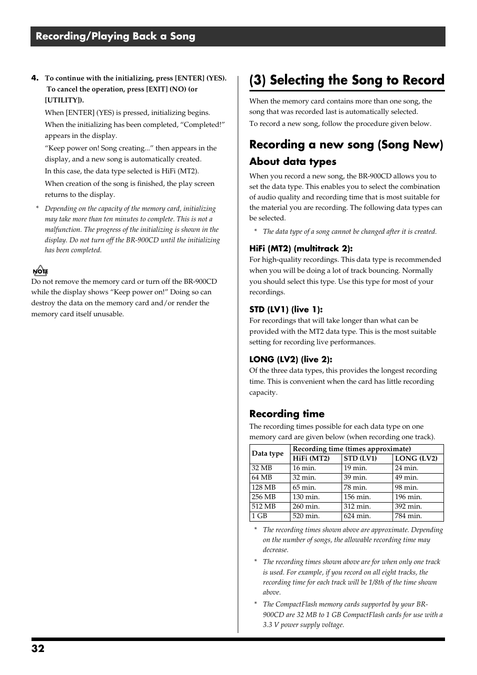 3) selecting the song to record, Recording a new song (song new), 32 recording/playing back a song | About data types, Recording time | Boss Audio Systems BR-900CD User Manual | Page 32 / 232