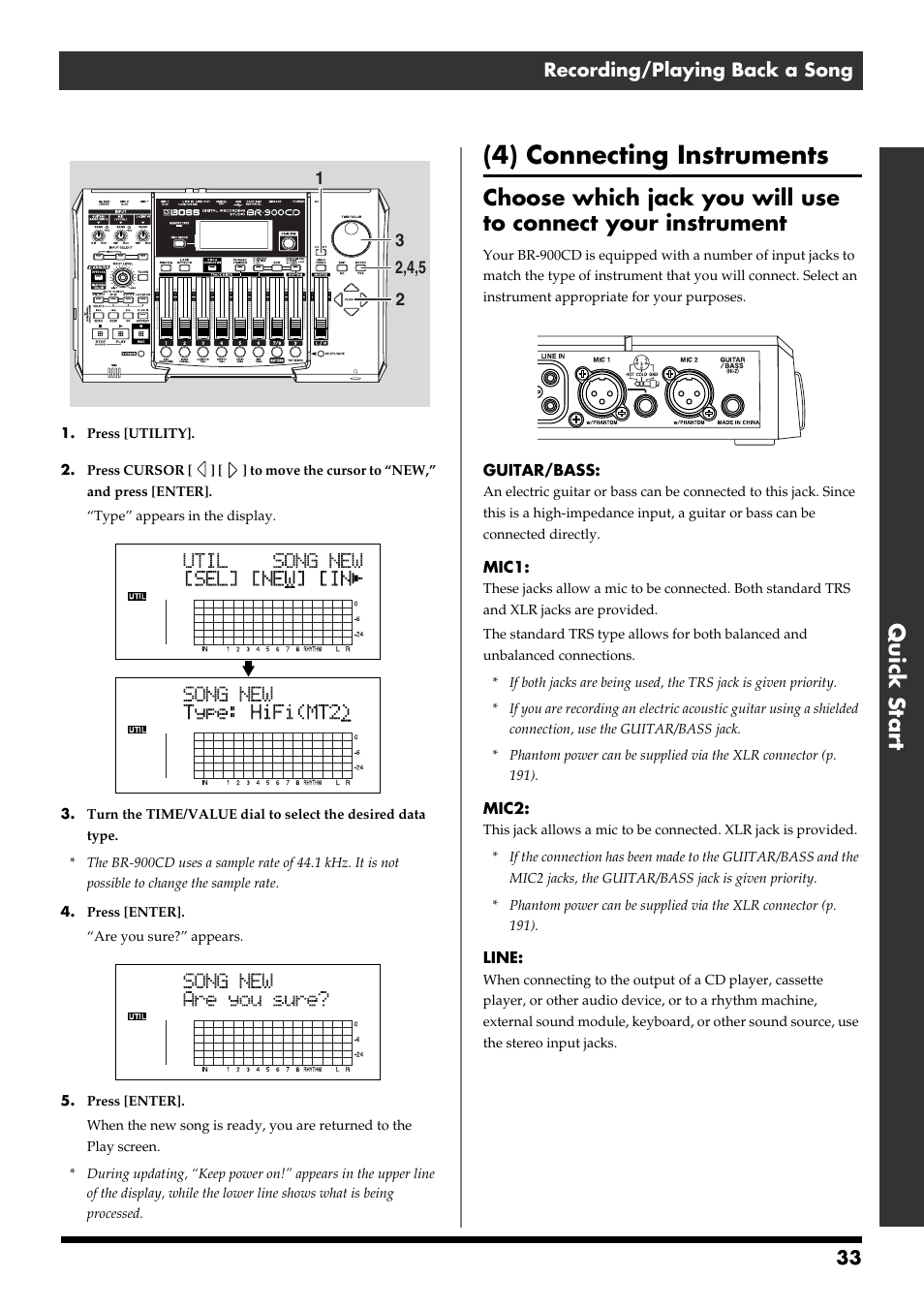 4) connecting instruments, Quick start, 33 recording/playing back a song | Boss Audio Systems BR-900CD User Manual | Page 33 / 232