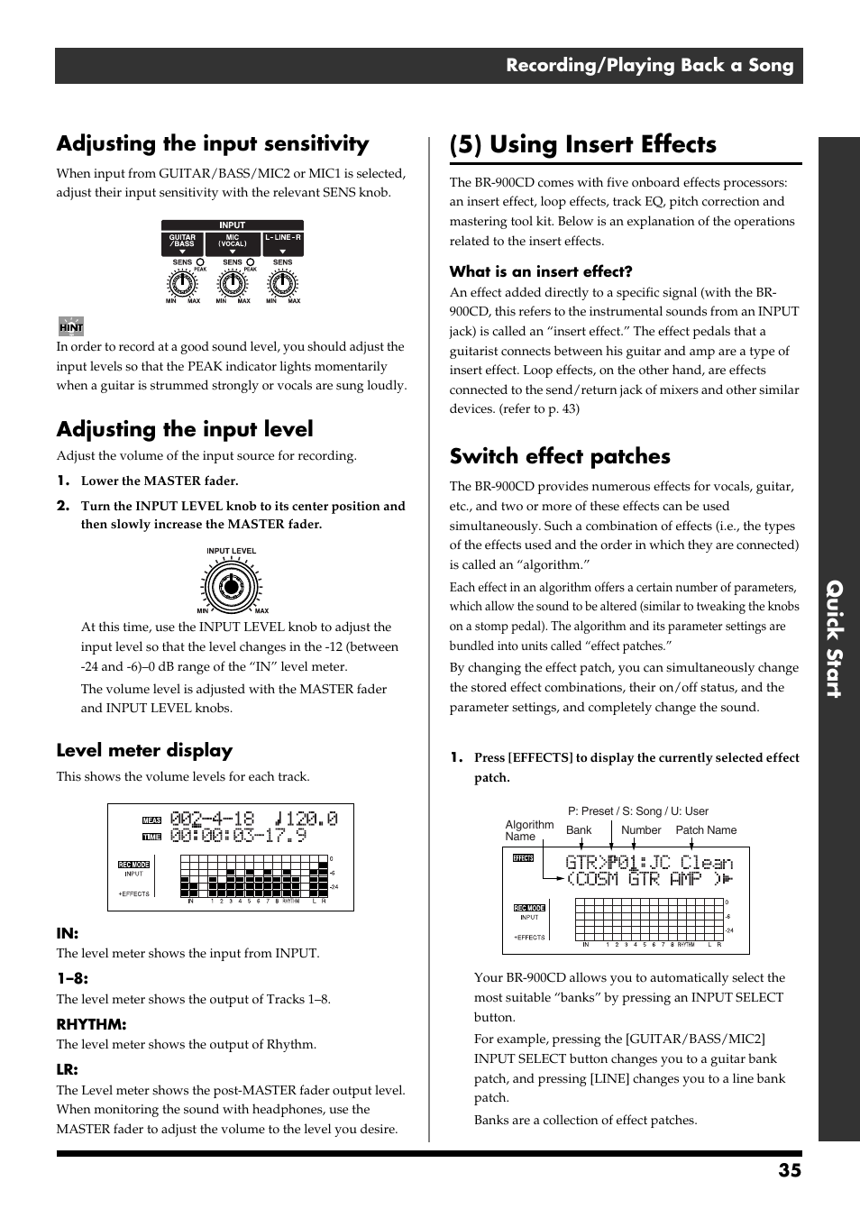 Adjusting the input sensitivity, Adjusting the input level, 5) using insert effects | Switch effect patches, Quick start adjusting the input sensitivity, 35 recording/playing back a song, Level meter display | Boss Audio Systems BR-900CD User Manual | Page 35 / 232