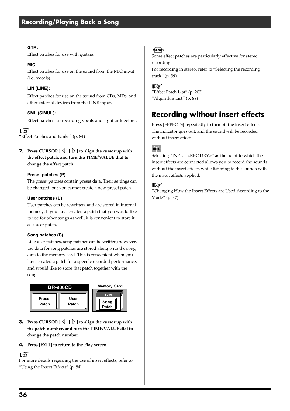 Recording without insert effects, 36 recording/playing back a song | Boss Audio Systems BR-900CD User Manual | Page 36 / 232