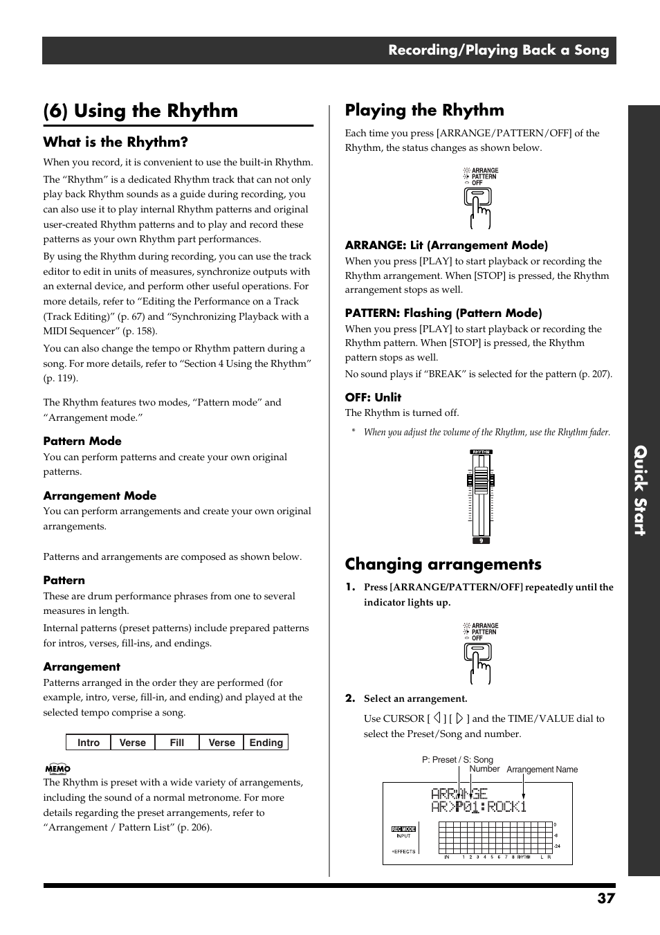 6) using the rhythm, Playing the rhythm, Changing arrangements | Quick start, 37 recording/playing back a song, What is the rhythm | Boss Audio Systems BR-900CD User Manual | Page 37 / 232