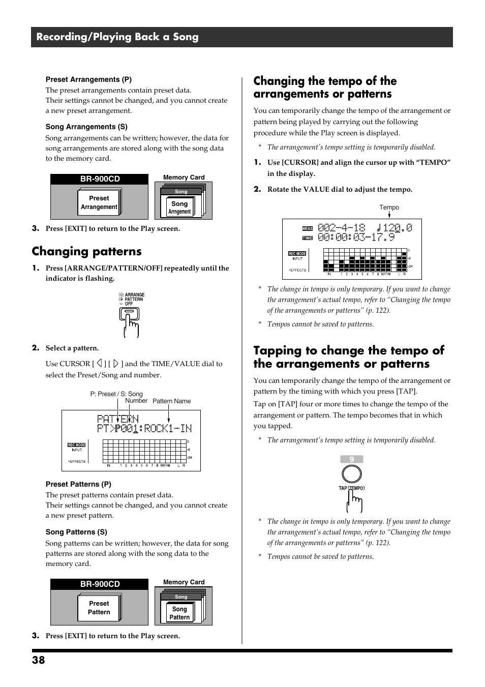 Changing patterns, Changing the tempo of the arrangements or patterns, 38 recording/playing back a song | Boss Audio Systems BR-900CD User Manual | Page 38 / 232