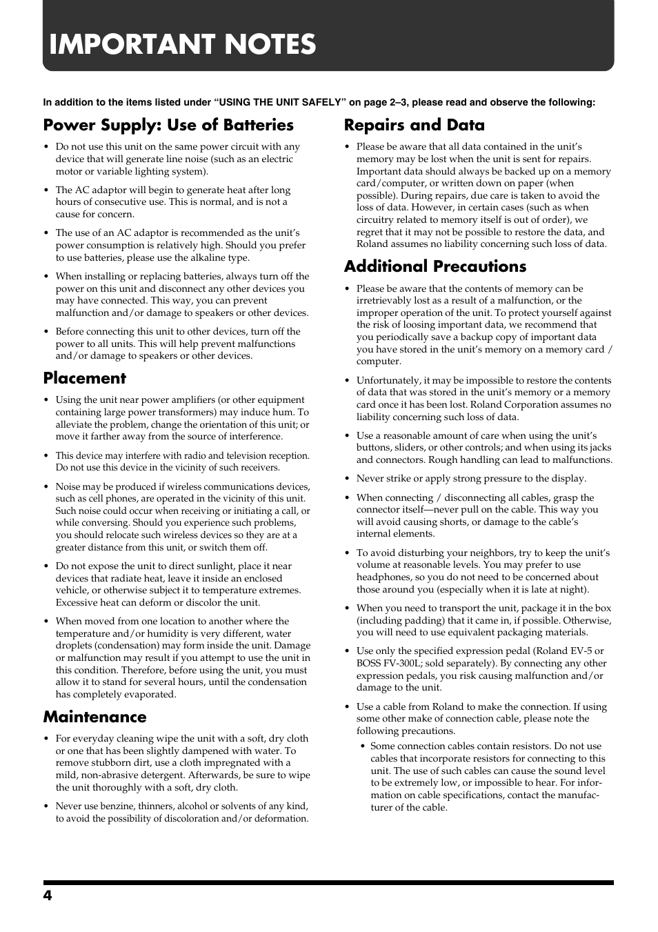 Important notes, Power supply: use of batteries, Placement | Maintenance, Repairs and data, Additional precautions | Boss Audio Systems BR-900CD User Manual | Page 4 / 232