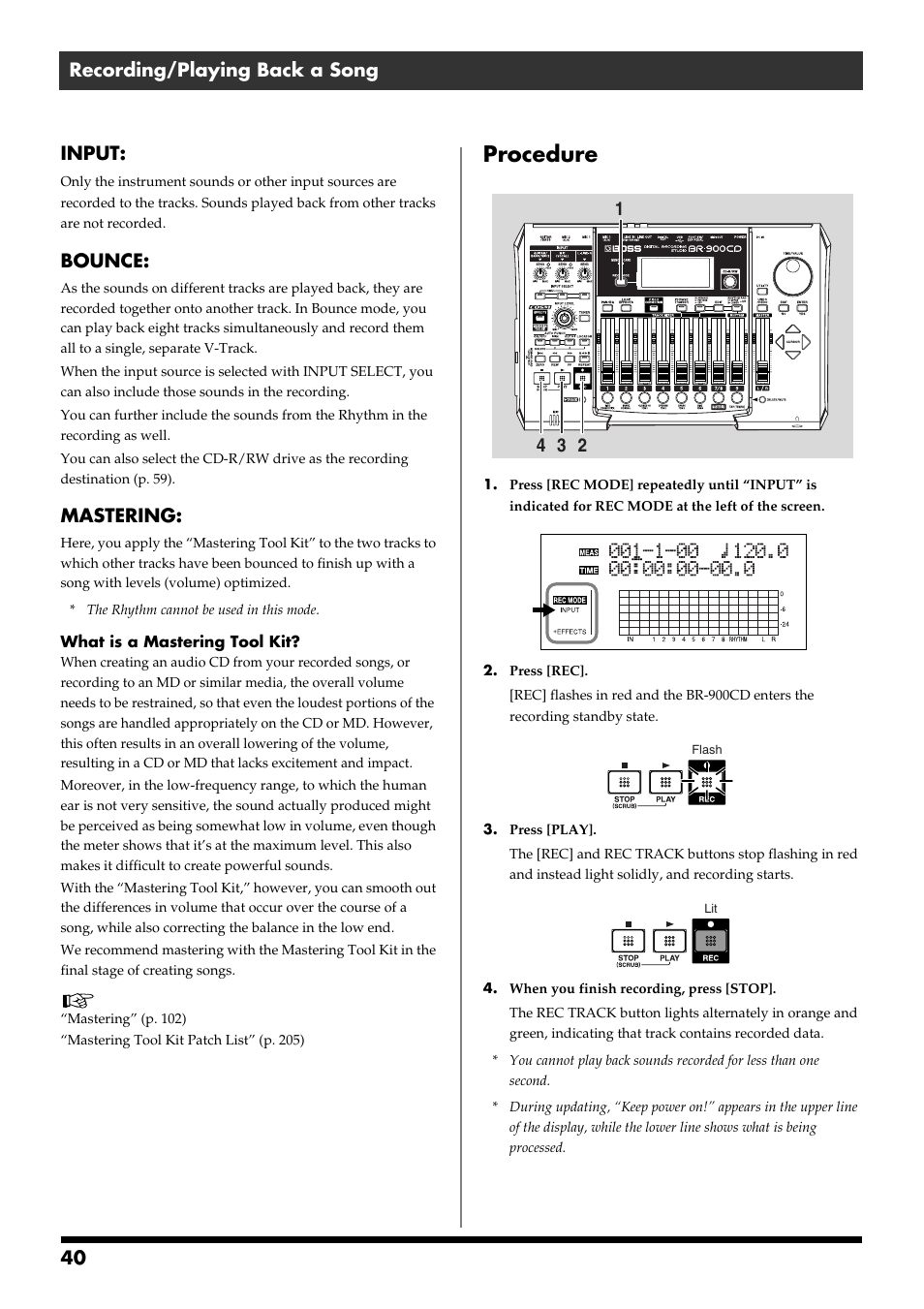 Procedure, 40 recording/playing back a song input, Bounce | Mastering | Boss Audio Systems BR-900CD User Manual | Page 40 / 232