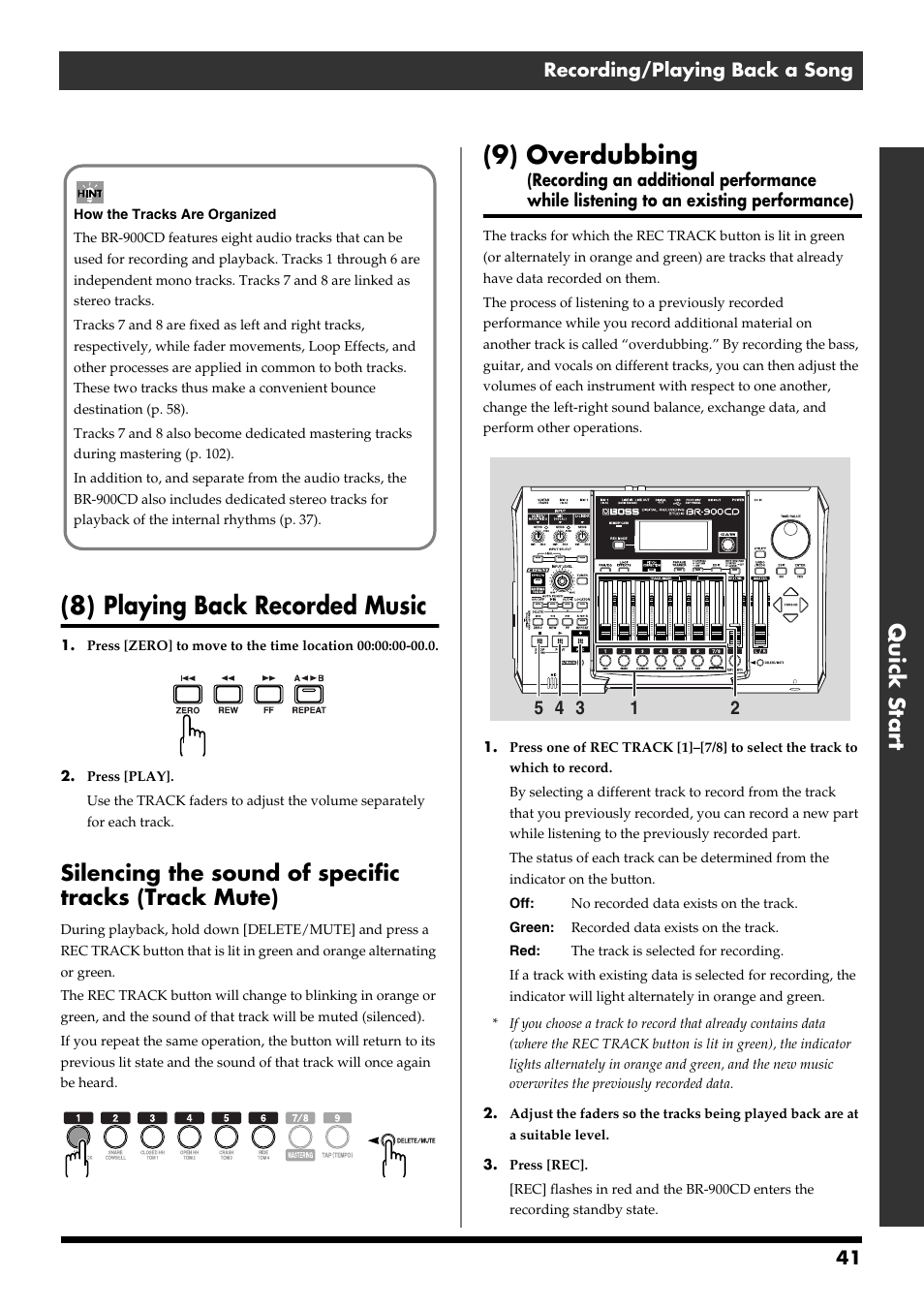 8) playing back recorded music, 9) overdubbing, Quick start | 41 recording/playing back a song | Boss Audio Systems BR-900CD User Manual | Page 41 / 232