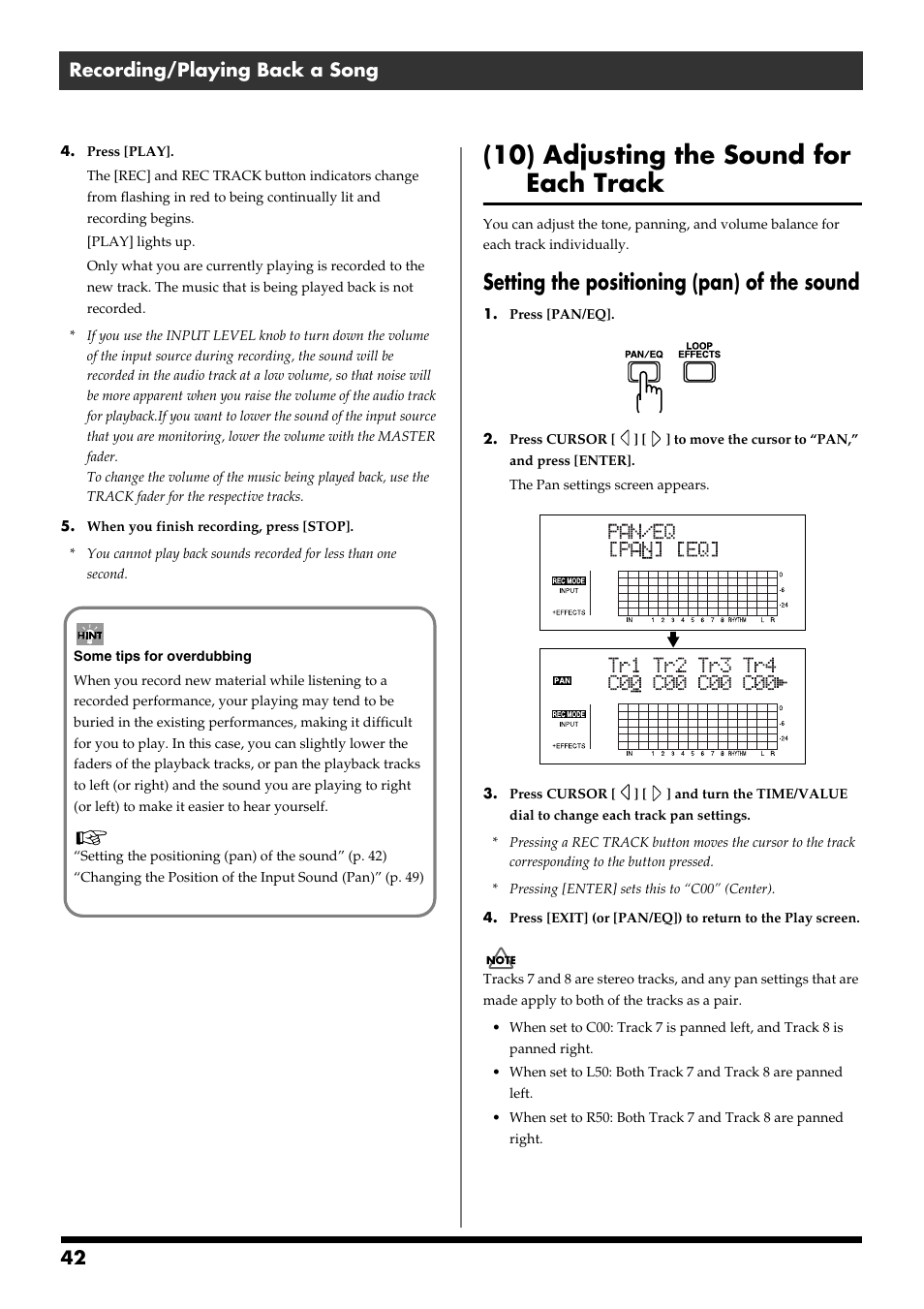 10) adjusting the sound for each track, Setting the positioning (pan) of the sound, For the input sound (p. 42, p. 49) | 42 recording/playing back a song | Boss Audio Systems BR-900CD User Manual | Page 42 / 232