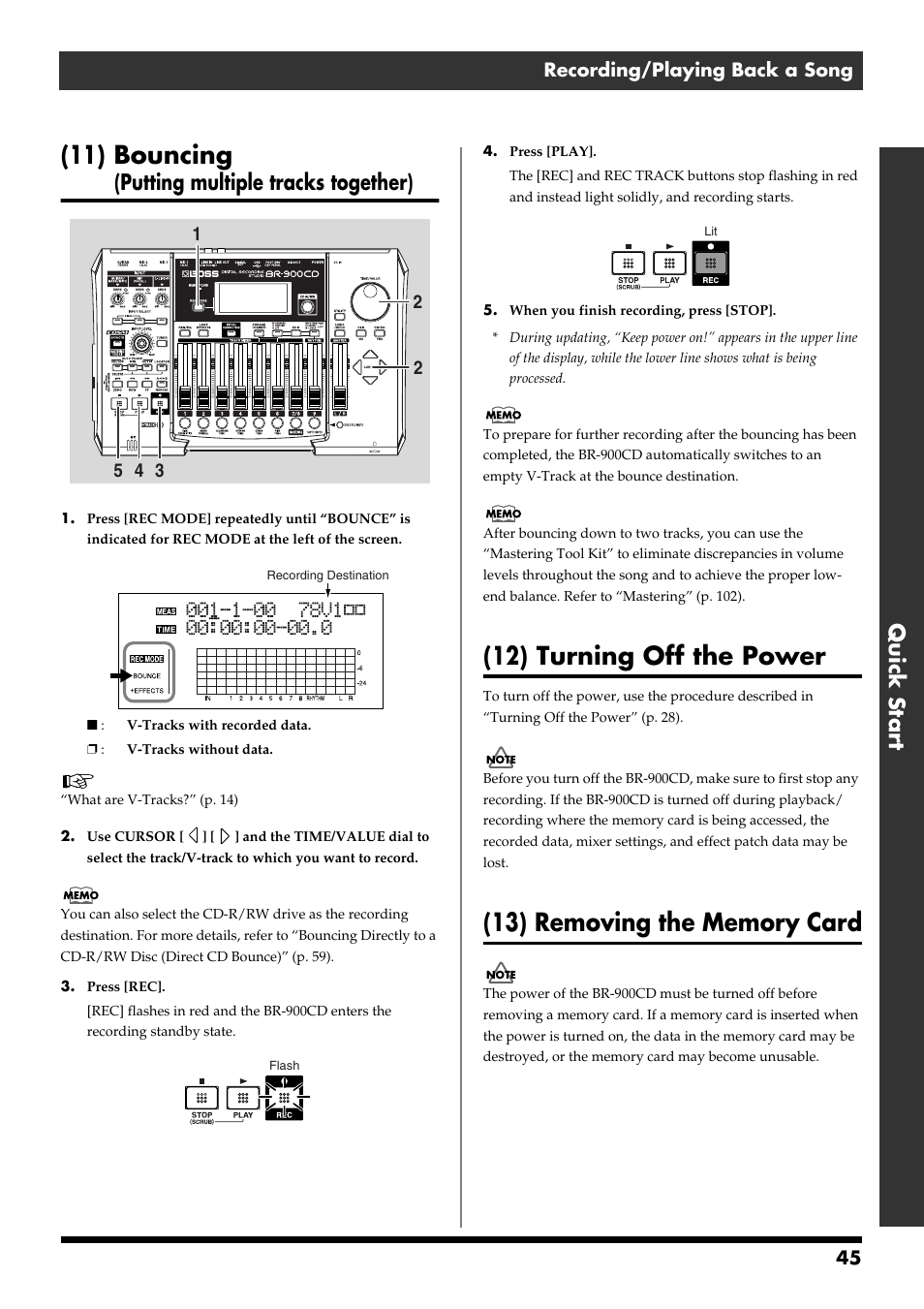 11) bouncing (putting multiple tracks together), 12) turning off the power, 13) removing the memory card | 11) bouncing, Quick start, Putting multiple tracks together) | Boss Audio Systems BR-900CD User Manual | Page 45 / 232