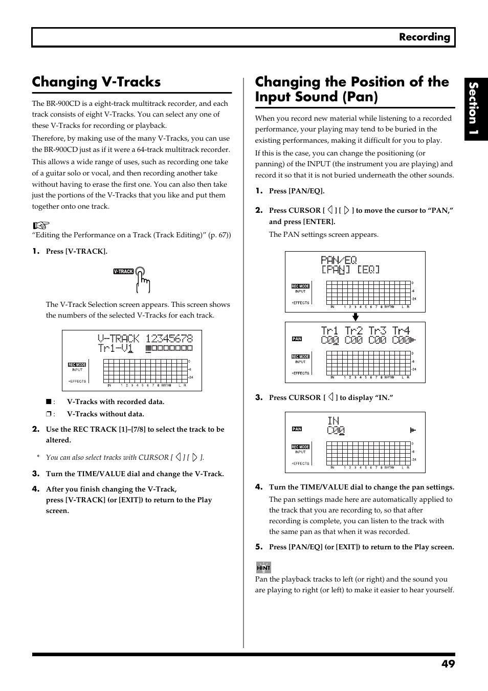 Changing v-tracks, Changing the position of the input sound (pan), Changing v-tracks” (p. 49) | 49 recording | Boss Audio Systems BR-900CD User Manual | Page 49 / 232