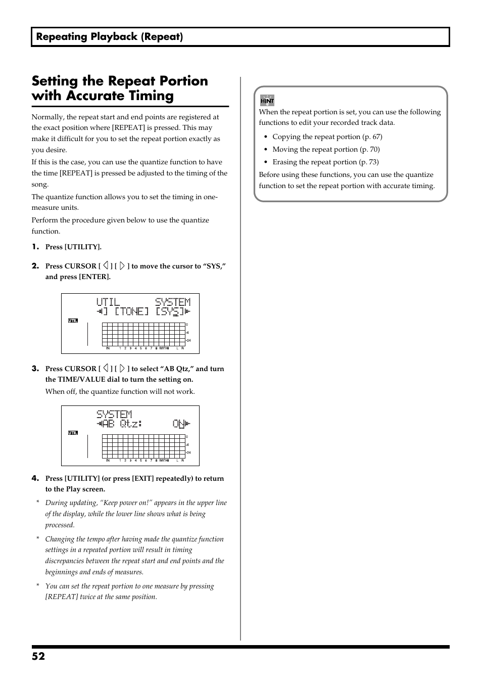 Setting the repeat portion with accurate timing, 52 repeating playback (repeat) | Boss Audio Systems BR-900CD User Manual | Page 52 / 232