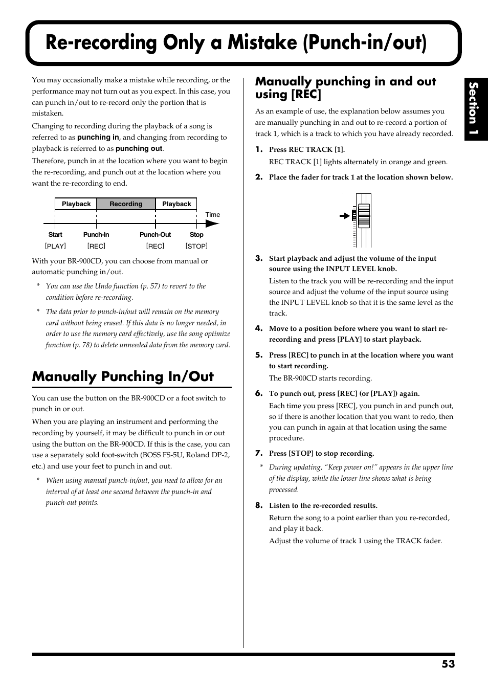 Re-recording only a mistake (punch-in/out), Manually punching in/out, Manually punching in and out using [rec | Boss Audio Systems BR-900CD User Manual | Page 53 / 232