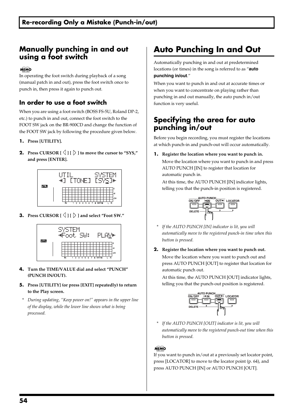 Manually punching in and out using a foot switch, Auto punching in and out, Specifying the area for auto punching in/out | 54 re-recording only a mistake (punch-in/out) | Boss Audio Systems BR-900CD User Manual | Page 54 / 232