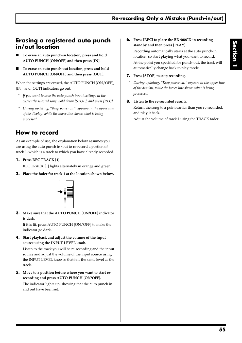 Erasing a registered auto punch in/out location, How to record, 55 re-recording only a mistake (punch-in/out) | Boss Audio Systems BR-900CD User Manual | Page 55 / 232