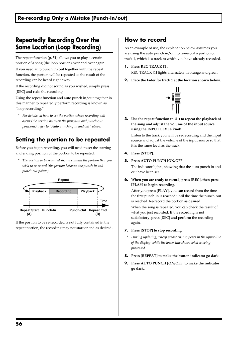 Setting the portion to be repeated, How to record, 56 re-recording only a mistake (punch-in/out) | Boss Audio Systems BR-900CD User Manual | Page 56 / 232