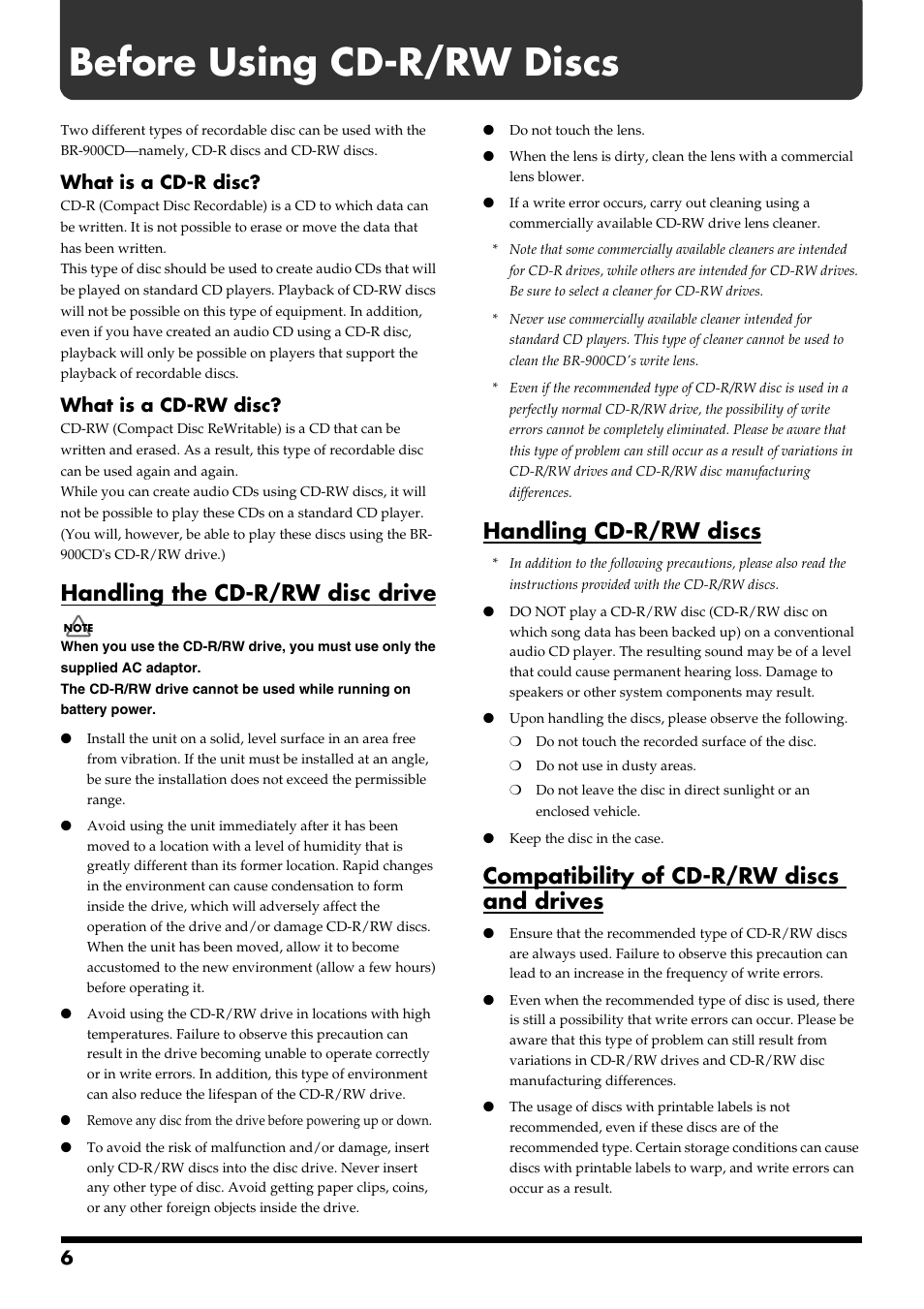 Before using cd-r/rw discs, Handling the cd-r/rw disc drive, Handling cd-r/rw discs | Compatibility of cd-r/rw discs and drives, What is a cd-r disc, What is a cd-rw disc | Boss Audio Systems BR-900CD User Manual | Page 6 / 232