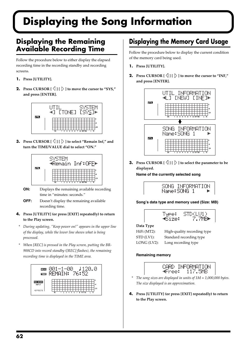 Displaying the song information, Displaying the remaining available recording time, Displaying the memory card usage | Boss Audio Systems BR-900CD User Manual | Page 62 / 232