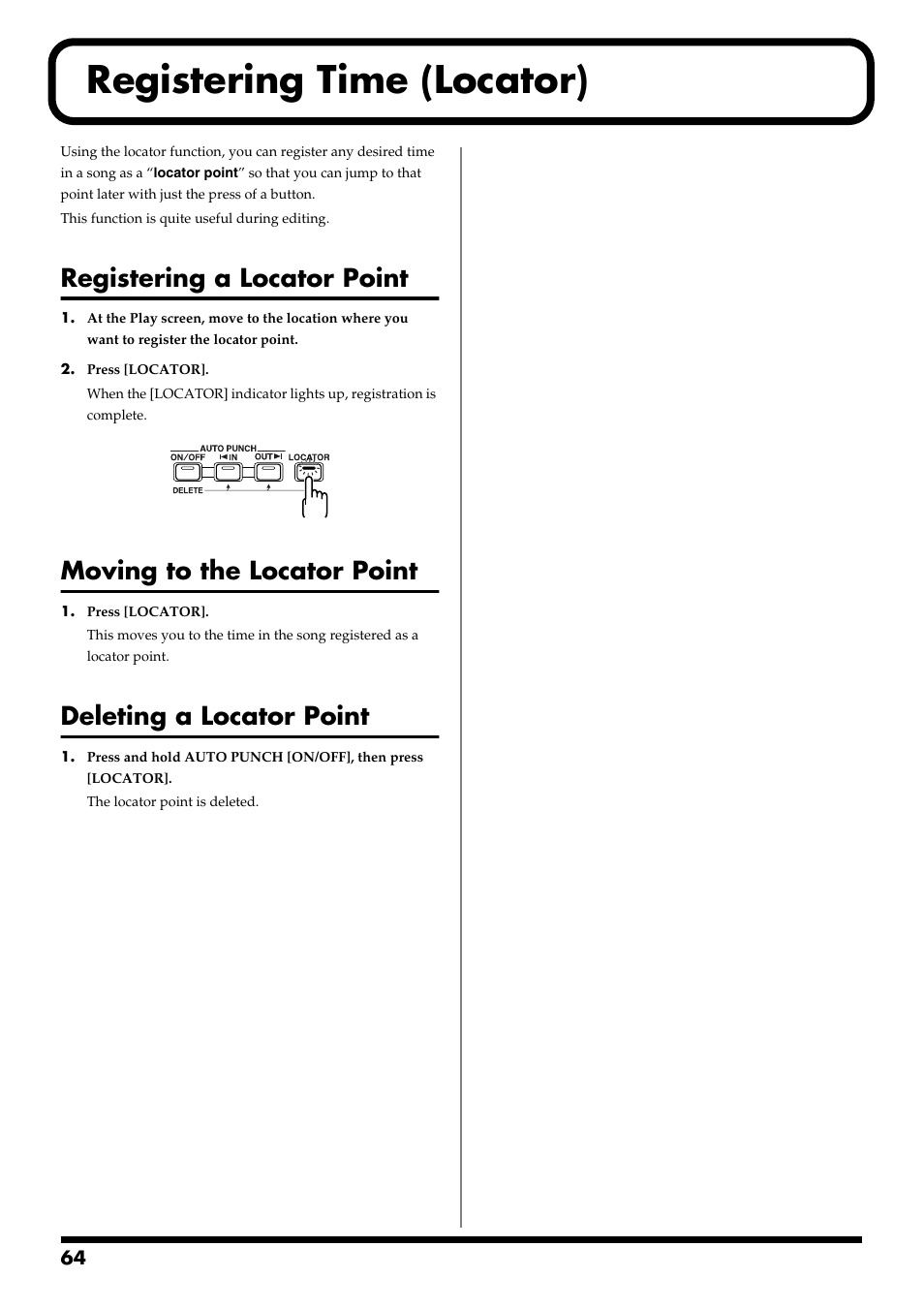 Registering time (locator), Registering a locator point, Moving to the locator point | Deleting a locator point, Registering time (locator)” (p. 64) | Boss Audio Systems BR-900CD User Manual | Page 64 / 232