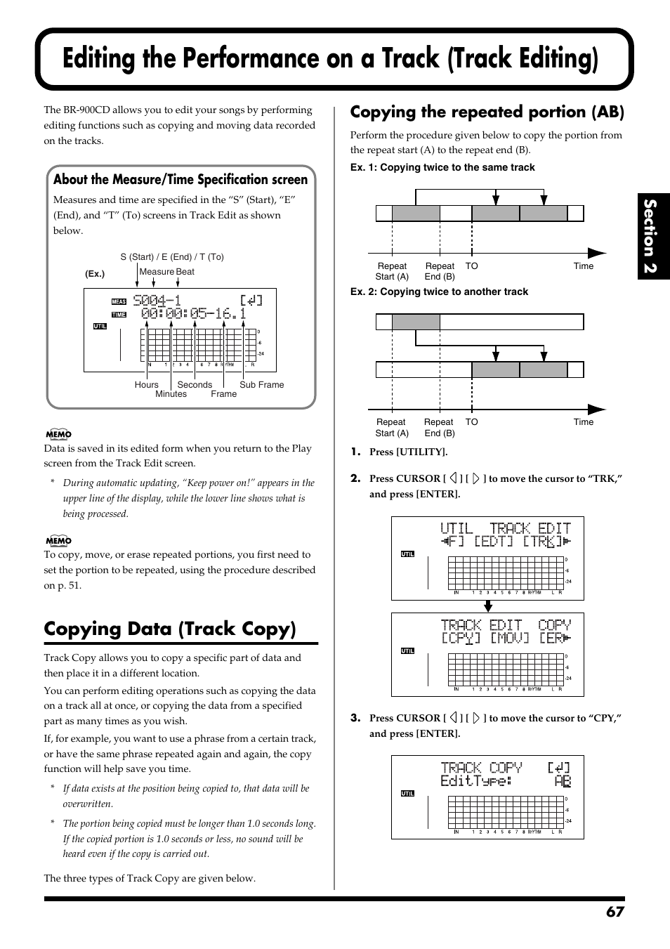 Editing the performance on a track (track editing), Copying data (track copy), Copying the repeated portion (ab) | About the measure/time specification screen | Boss Audio Systems BR-900CD User Manual | Page 67 / 232