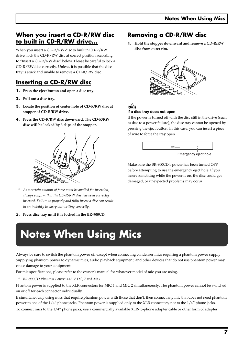 Notes when using mics, Inserting a cd-r/rw disc, Removing a cd-r/rw disc | Boss Audio Systems BR-900CD User Manual | Page 7 / 232