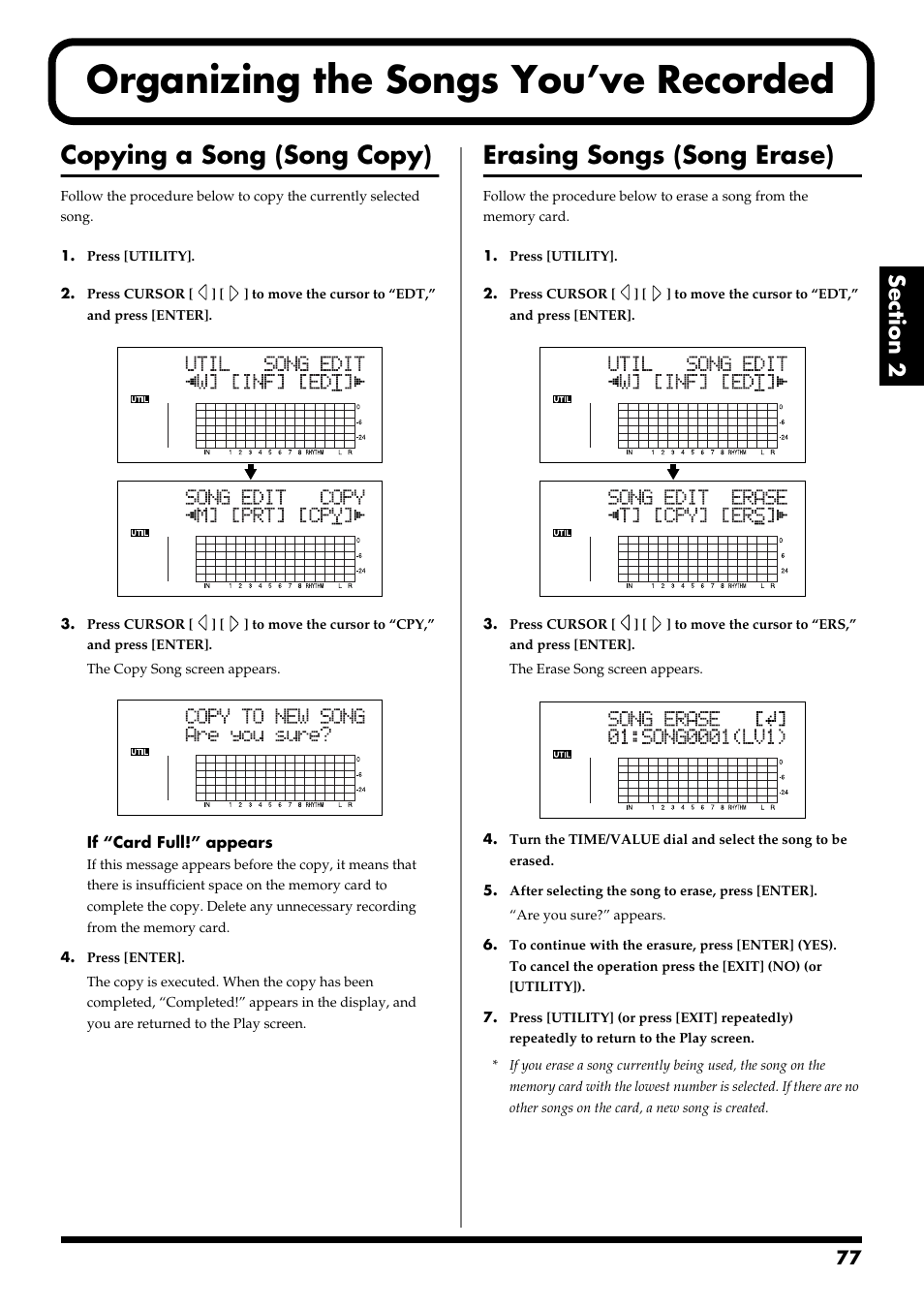 Organizing the songs you’ve recorded, Copying a song (song copy), Erasing songs (song erase) | Erasing songs (song erase)” (p. 77) | Boss Audio Systems BR-900CD User Manual | Page 77 / 232