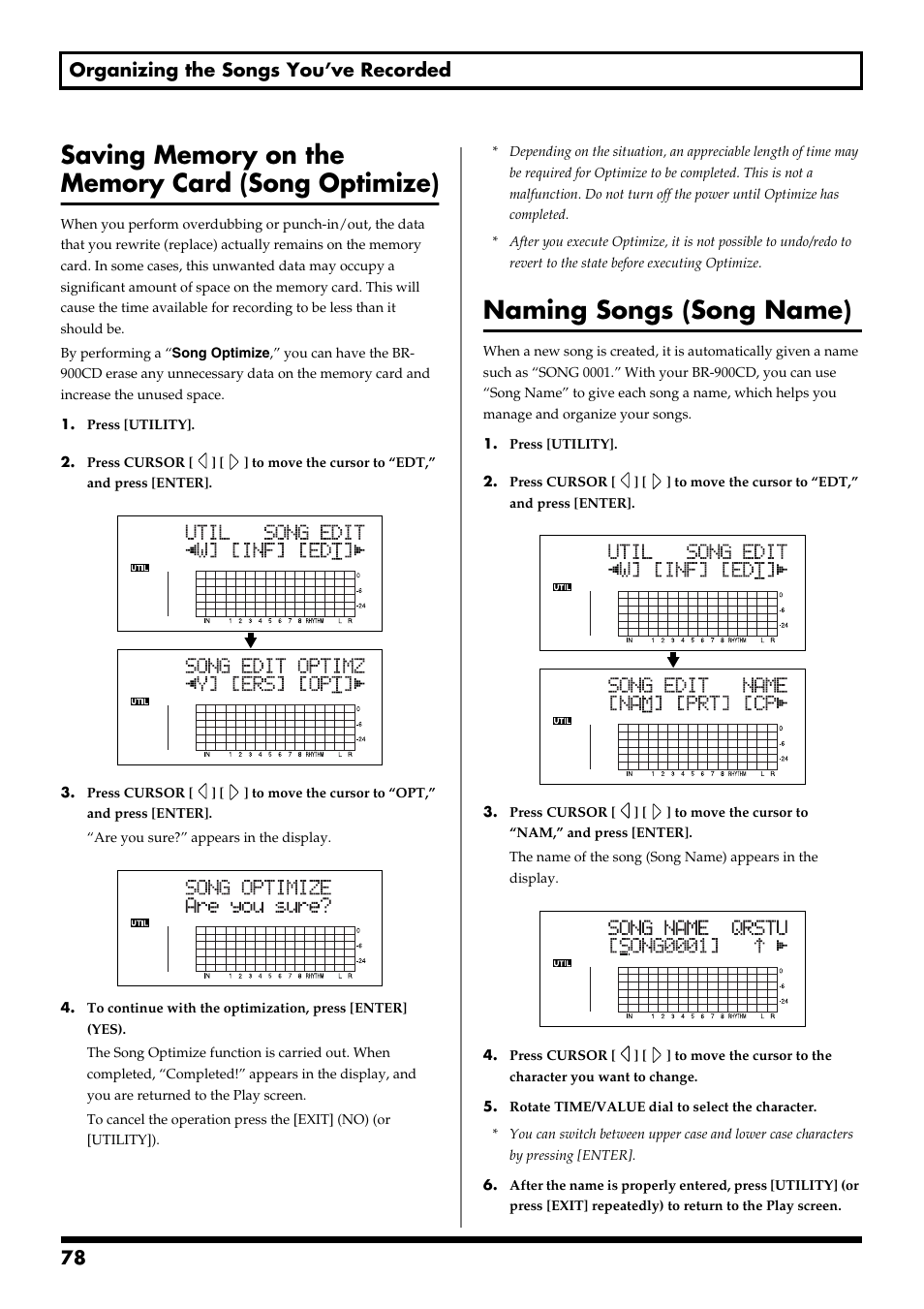 Saving memory on the memory card (song optimize), Naming songs (song name), 78 organizing the songs you’ve recorded | Boss Audio Systems BR-900CD User Manual | Page 78 / 232