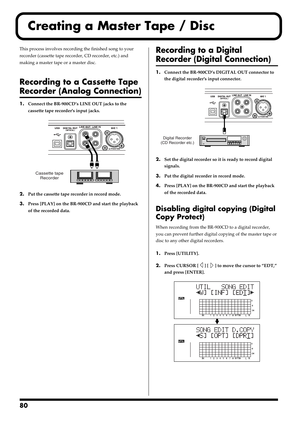 Creating a master tape / disc, Disabling digital copying (digital copy protect) | Boss Audio Systems BR-900CD User Manual | Page 80 / 232