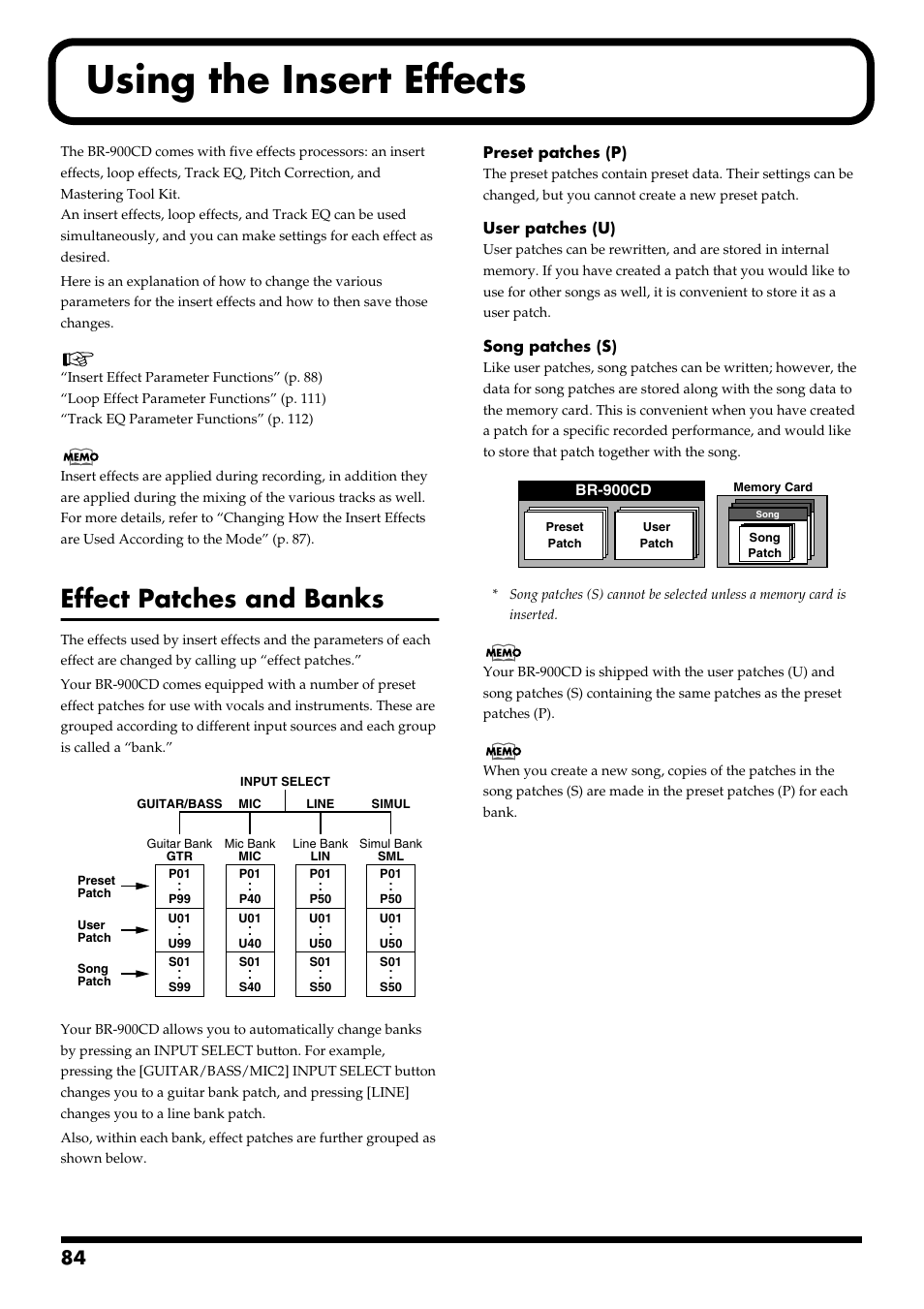 Using the insert effects, Effect patches and banks, Using the insert effects” (p. 84) | Effect patches and banks” (p. 84) | Boss Audio Systems BR-900CD User Manual | Page 84 / 232