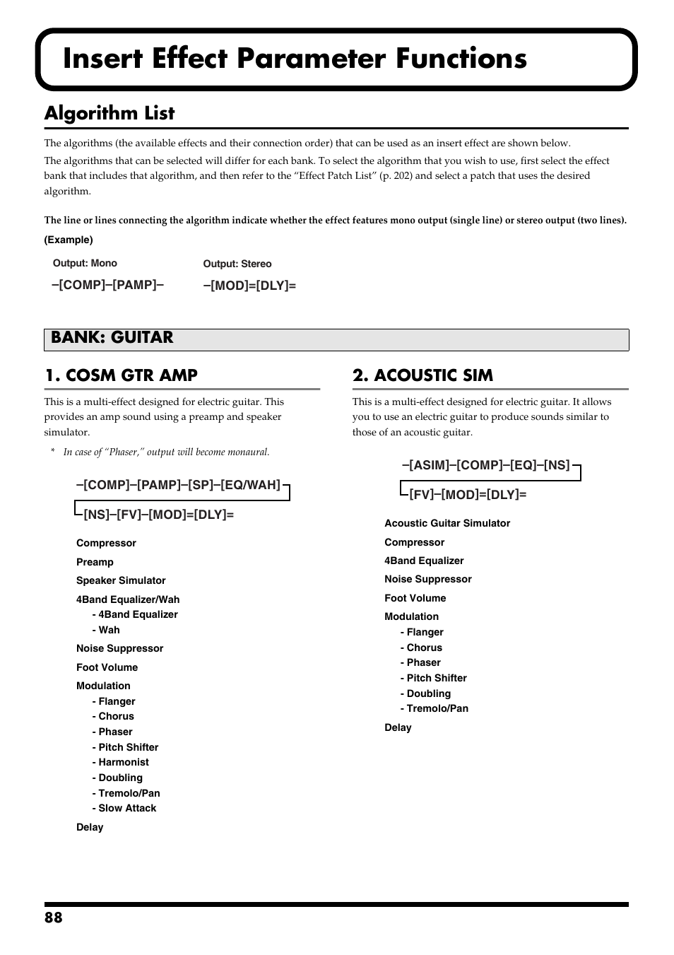 Insert effect parameter functions, Algorithm list, Bank: guitar | Cosm gtr amp, Acoustic sim, Algorithm list” (p. 88), Insert effect parameter functions” (p. 88) | Boss Audio Systems BR-900CD User Manual | Page 88 / 232