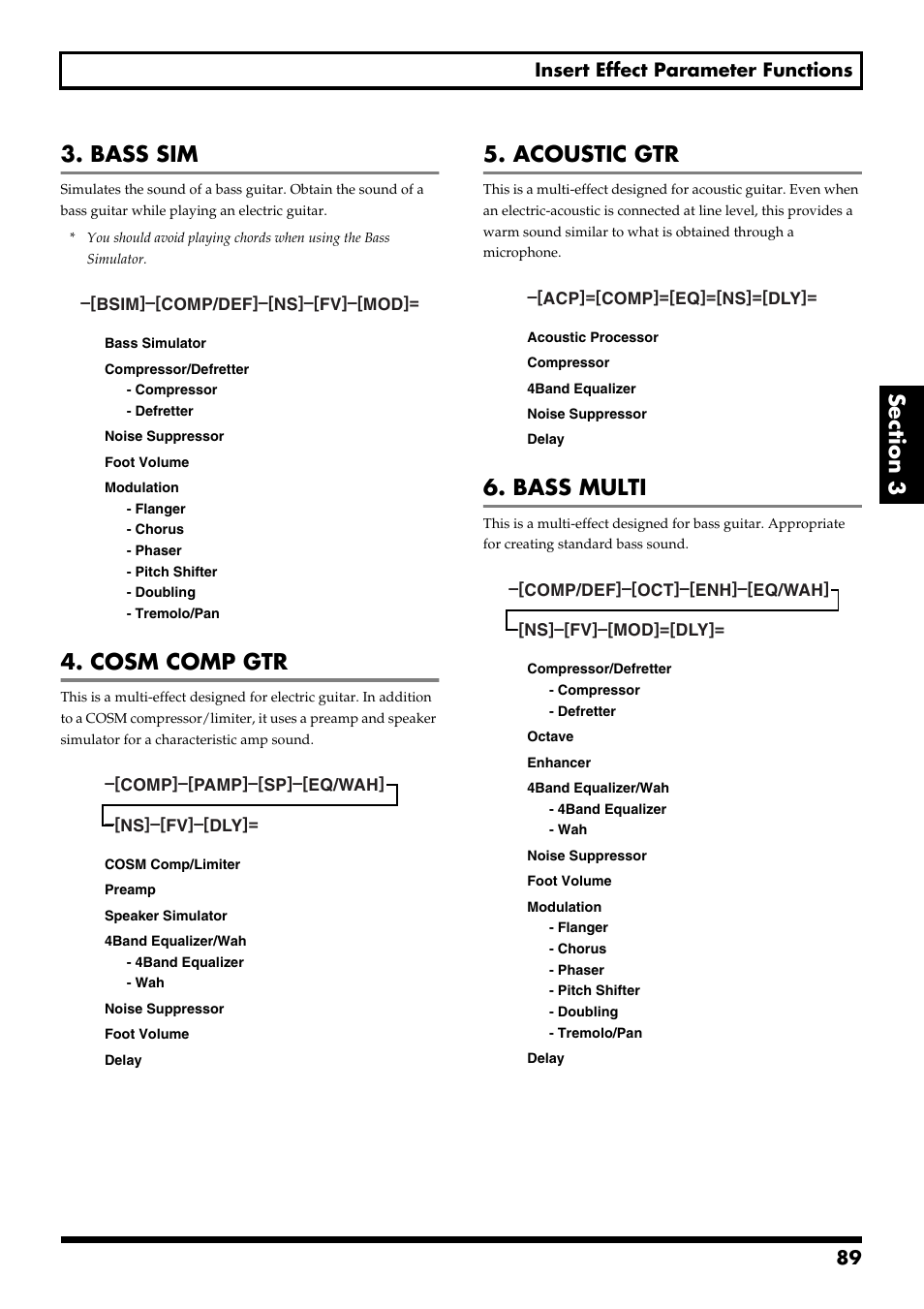 Bass sim, Cosm comp gtr, Acoustic gtr | Bass multi, 89 insert effect parameter functions | Boss Audio Systems BR-900CD User Manual | Page 89 / 232