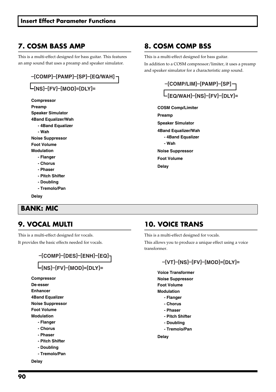 Cosm bass amp, Cosm comp bss, Bank: mic | Vocal multi, Voice trans, 90 insert effect parameter functions | Boss Audio Systems BR-900CD User Manual | Page 90 / 232