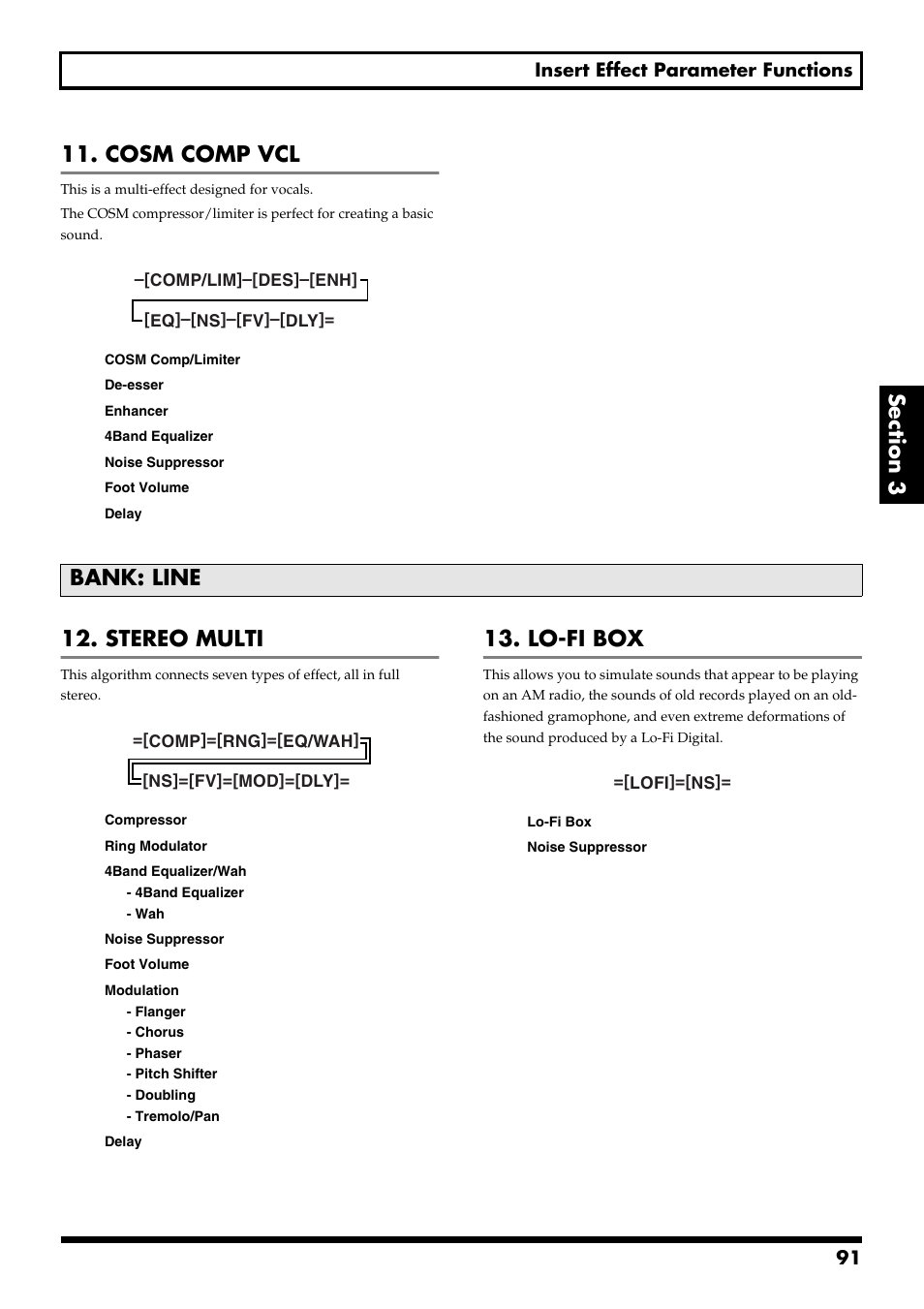 Cosm comp vcl, Bank: line, Stereo multi | Lo-fi box, 91 insert effect parameter functions | Boss Audio Systems BR-900CD User Manual | Page 91 / 232