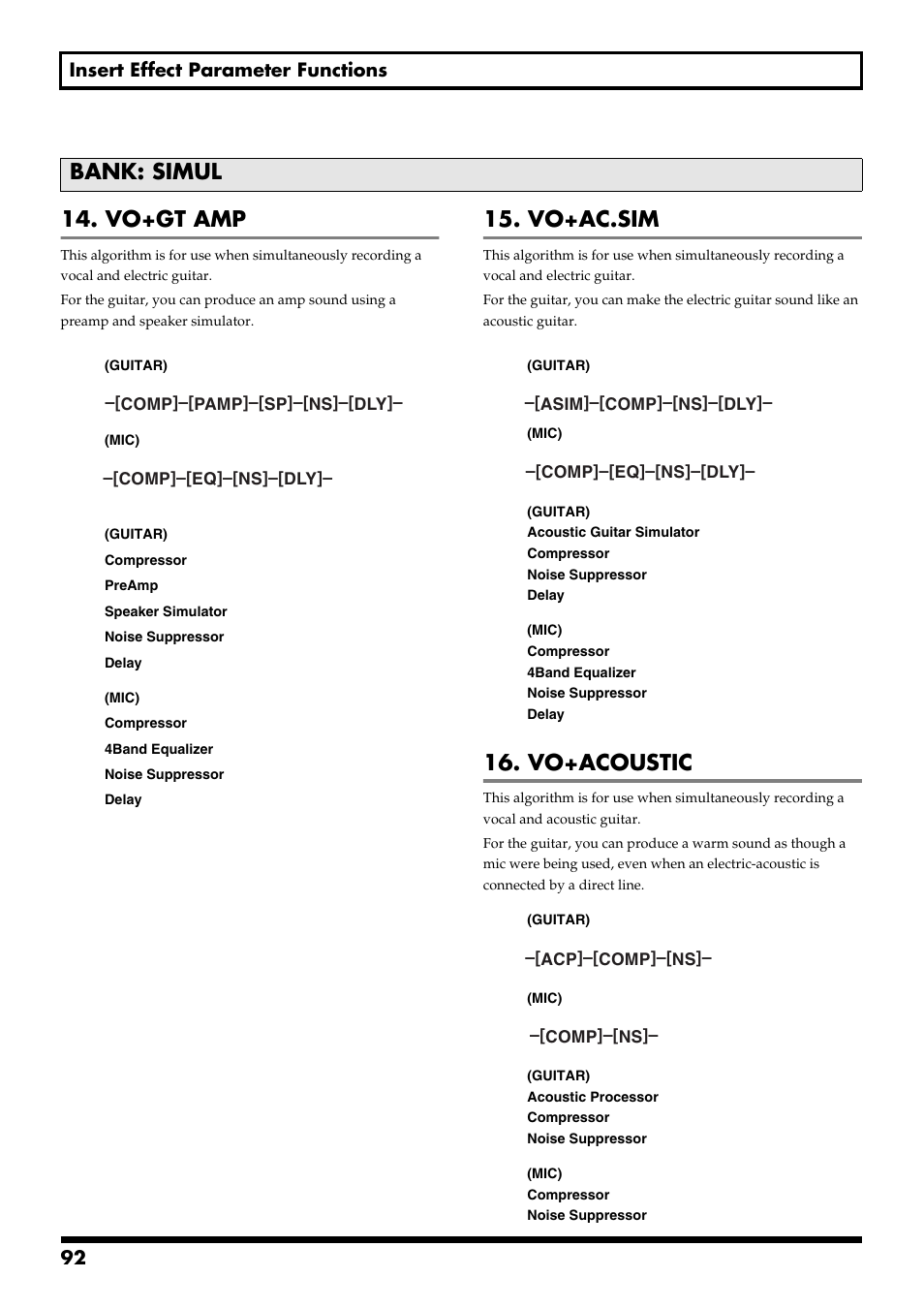 Bank: simul, Vo+gt amp, Vo+ac.sim | Vo+acoustic, 92 insert effect parameter functions | Boss Audio Systems BR-900CD User Manual | Page 92 / 232