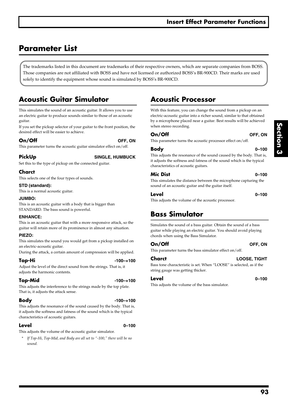 Parameter list, Acoustic guitar simulator, Acoustic processor | Bass simulator, 93 insert effect parameter functions | Boss Audio Systems BR-900CD User Manual | Page 93 / 232