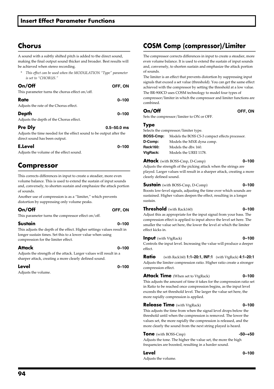 Chorus, Compressor, Cosm comp (compressor)/limiter | 94 insert effect parameter functions | Boss Audio Systems BR-900CD User Manual | Page 94 / 232