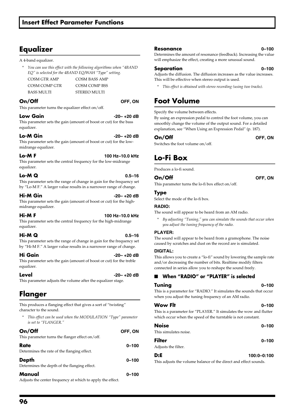 Equalizer, Flanger, Foot volume | Lo-fi box, 96 insert effect parameter functions | Boss Audio Systems BR-900CD User Manual | Page 96 / 232