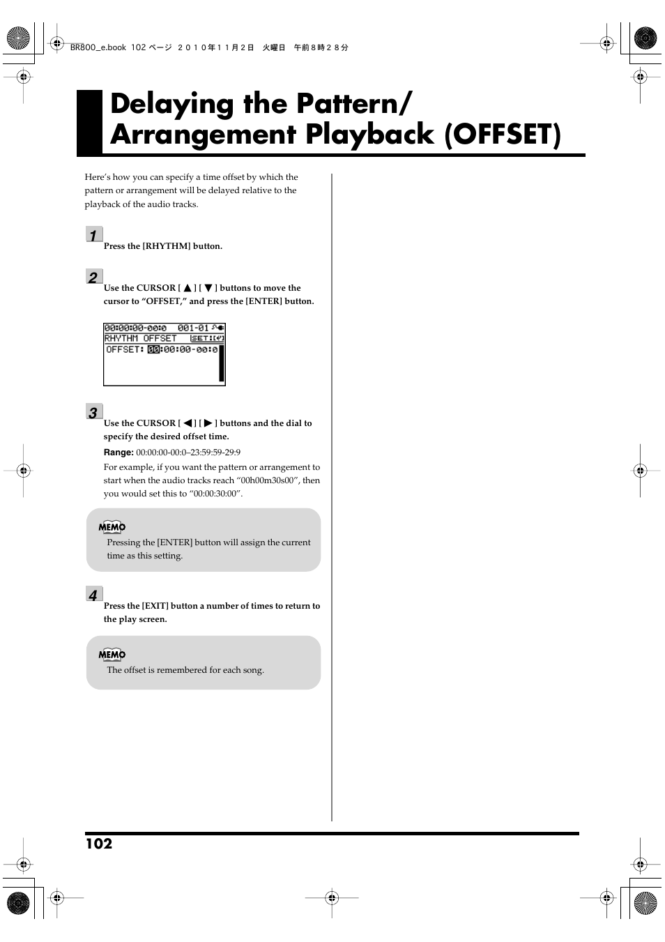 Delaying the pattern/arrangement playback (offset) | Boss Audio Systems BR-800 User Manual | Page 102 / 164