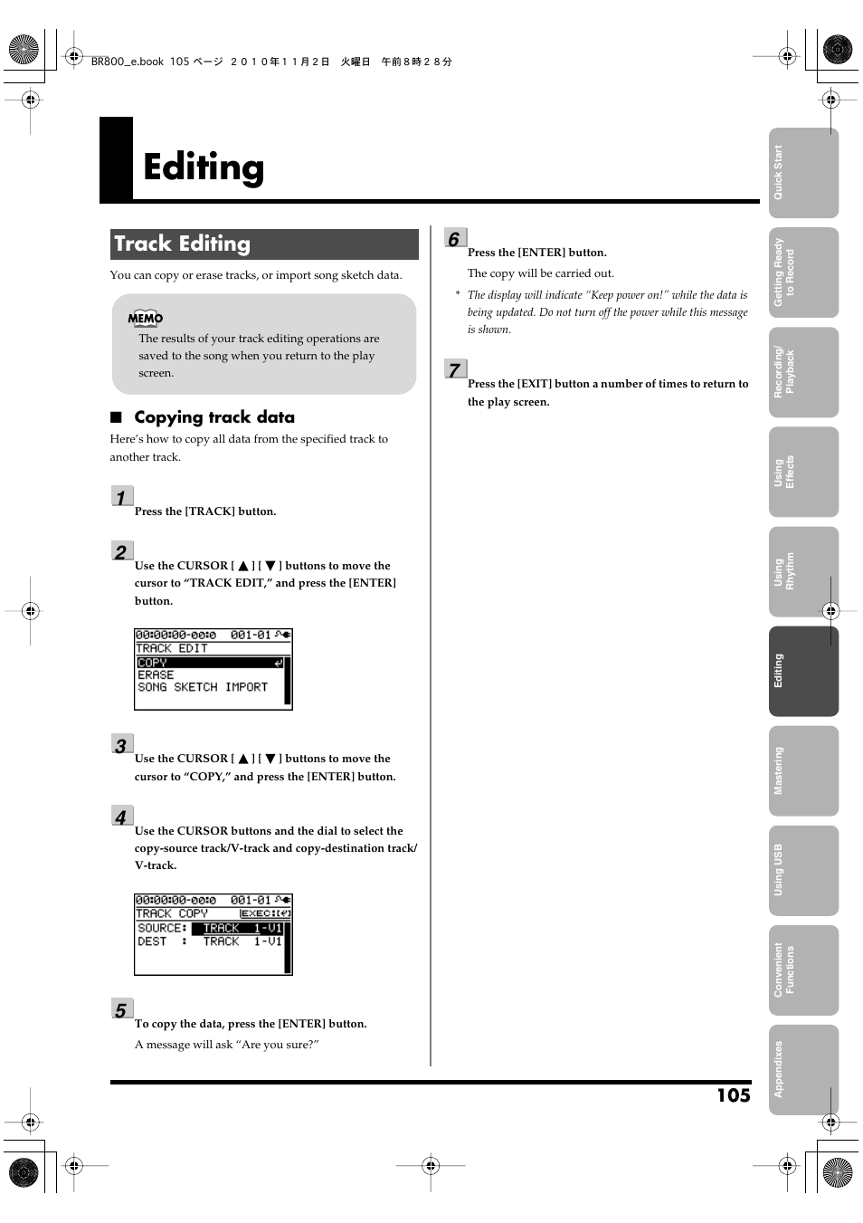 Editing, Track editing, Edit the track (p. 105) | Boss Audio Systems BR-800 User Manual | Page 105 / 164