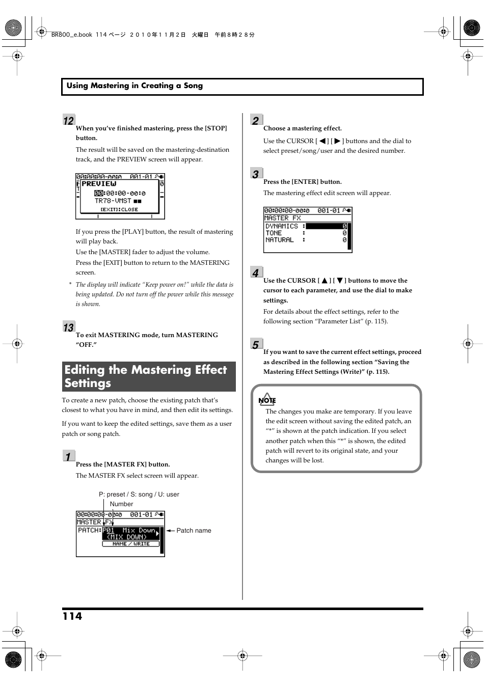 Editing the mastering effect settings | Boss Audio Systems BR-800 User Manual | Page 114 / 164