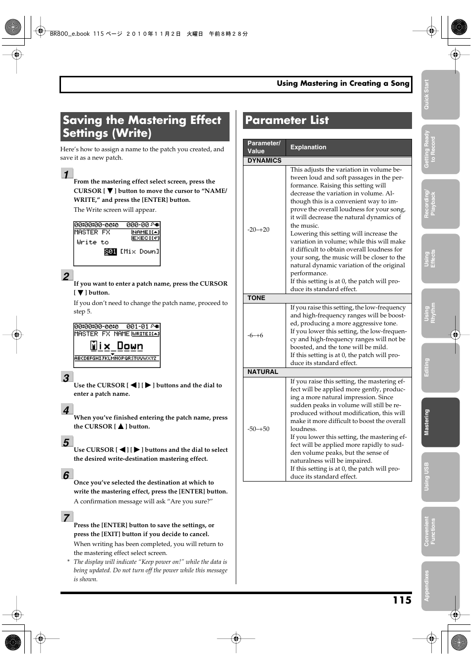 Saving the mastering effect settings (write), Parameter list | Boss Audio Systems BR-800 User Manual | Page 115 / 164
