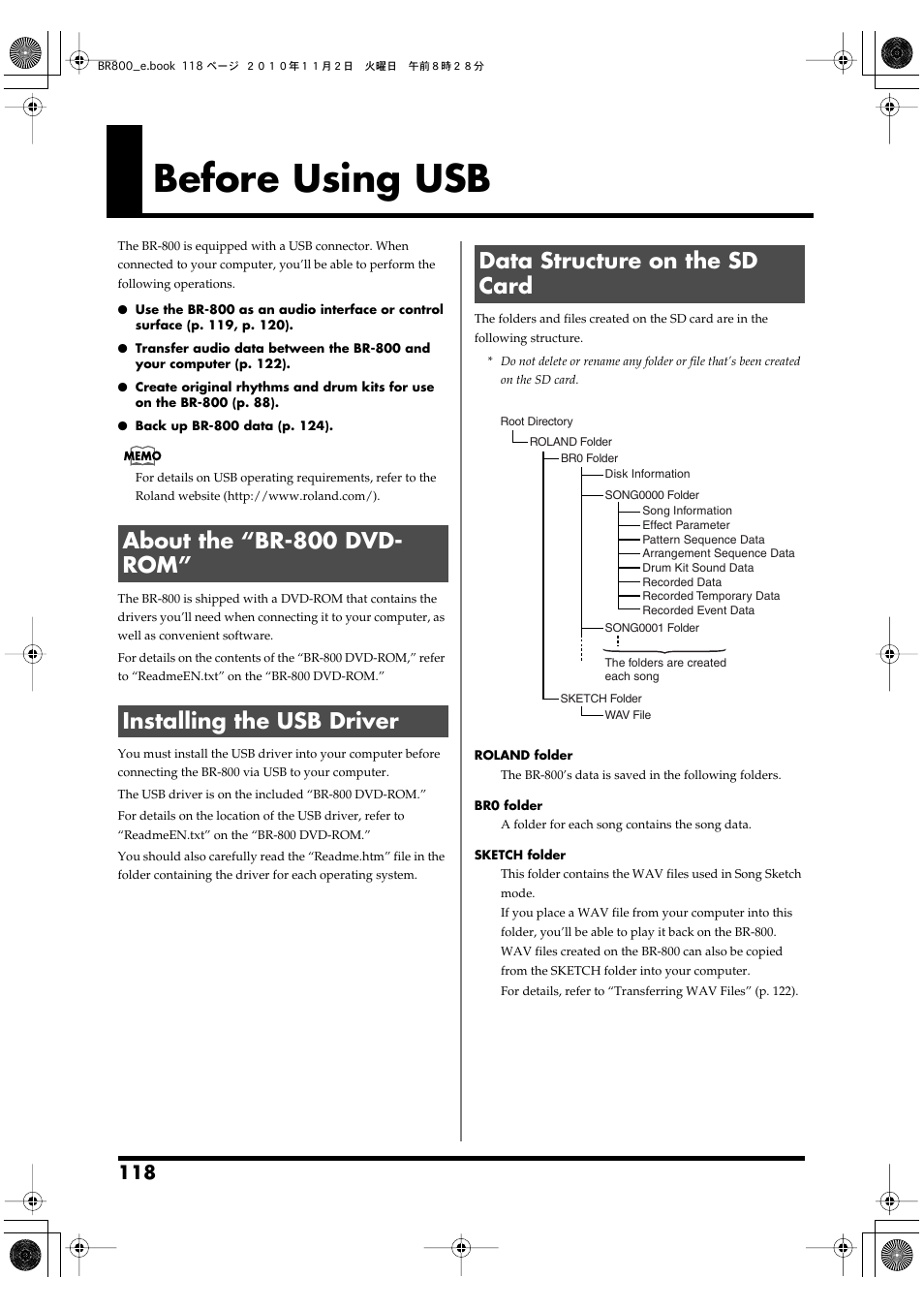 Before using usb, About the “br-800 dvd- rom, Installing the usb driver | Data structure on the sd card, P. 118) | Boss Audio Systems BR-800 User Manual | Page 118 / 164