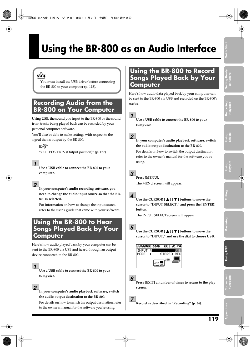 Using the br-800 as an audio interface, Recording audio from the br-800 on your computer, Surface (p. 119, p. 120) | Boss Audio Systems BR-800 User Manual | Page 119 / 164