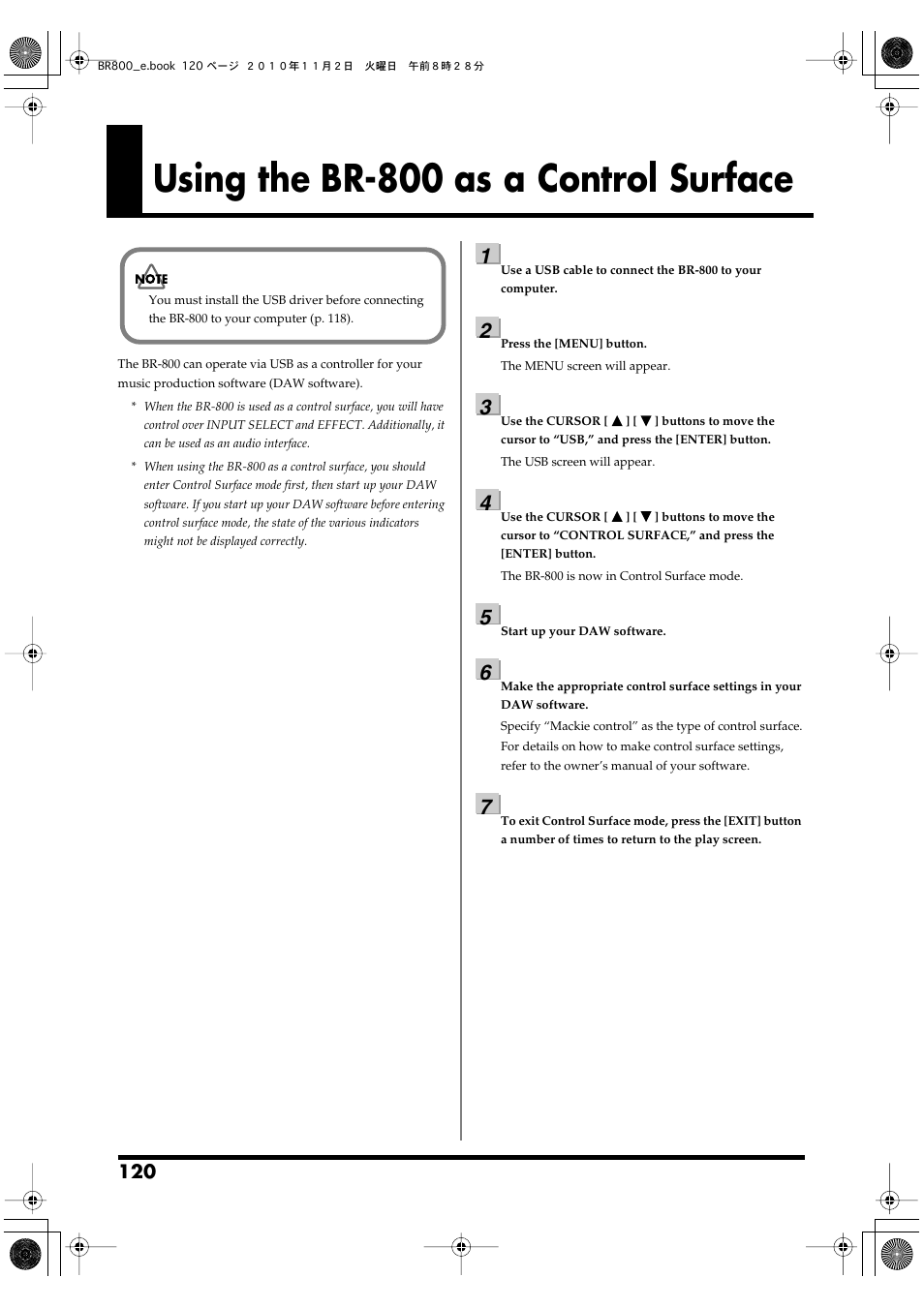 Using the br-800 as a control surface | Boss Audio Systems BR-800 User Manual | Page 120 / 164