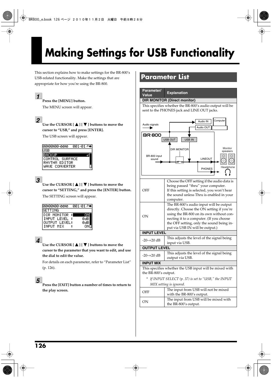 Making settings for usb functionality, Parameter list | Boss Audio Systems BR-800 User Manual | Page 126 / 164