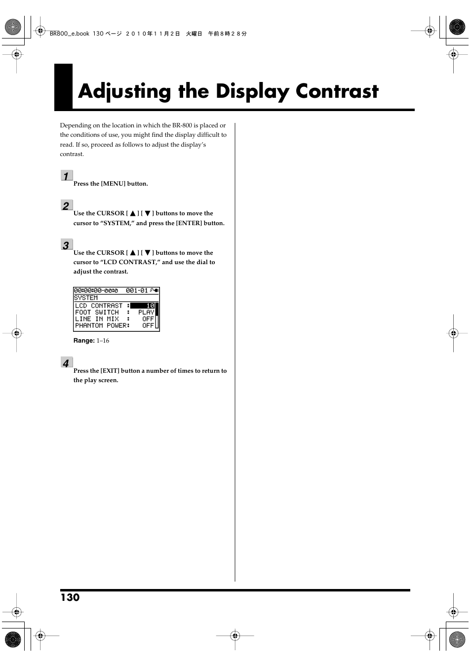 Adjusting the display contrast | Boss Audio Systems BR-800 User Manual | Page 130 / 164