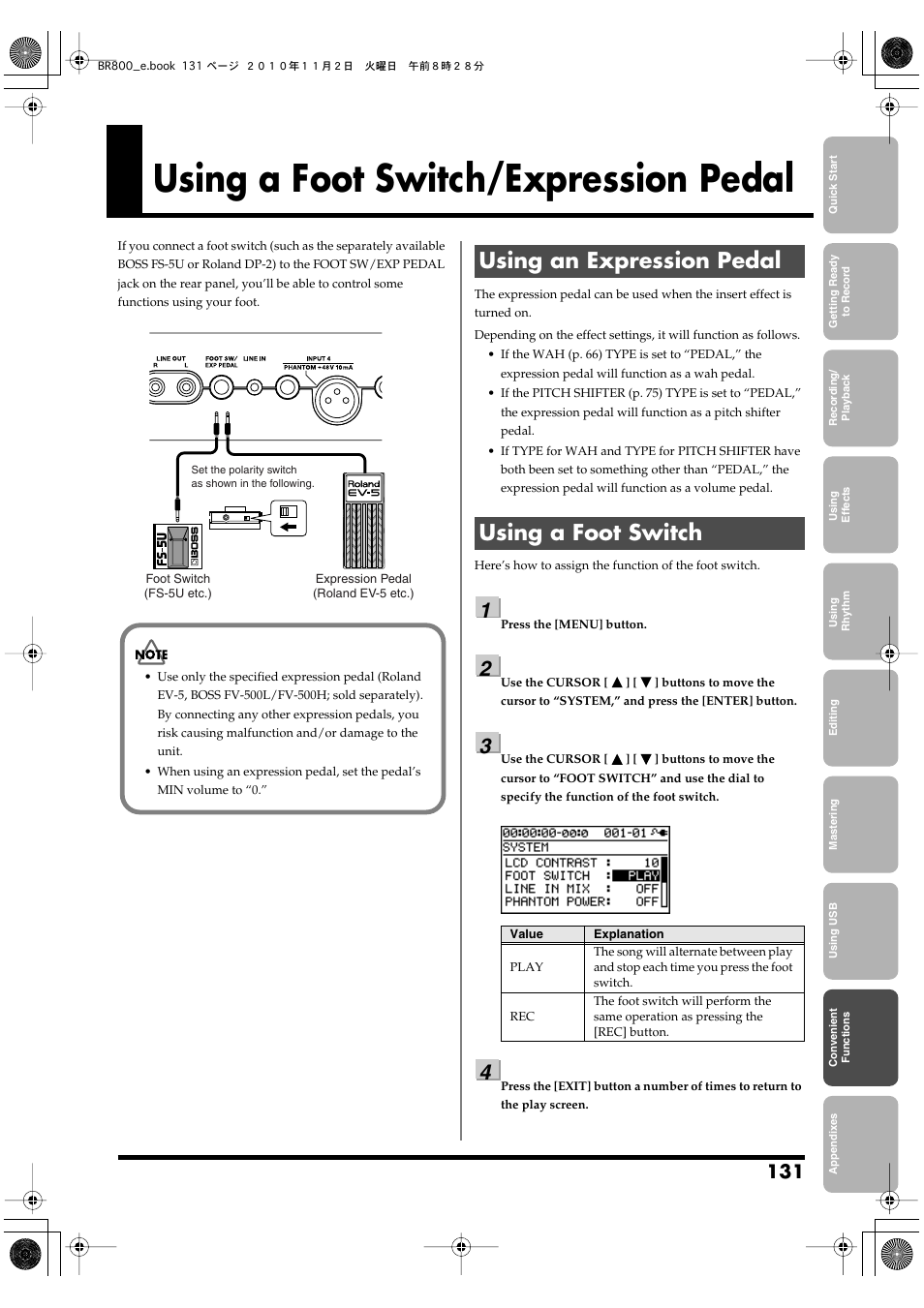 Using a foot switch/expression pedal, Using an expression pedal, Using a foot switch | Using an expression pedal using a foot switch | Boss Audio Systems BR-800 User Manual | Page 131 / 164