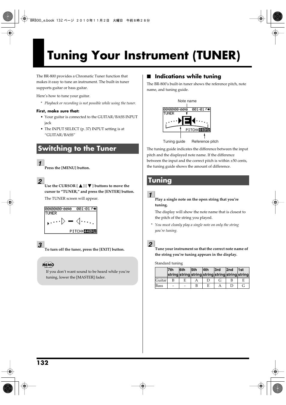 Tuning your instrument (tuner), Switching to the tuner, Tuning | Switching to the tuner tuning | Boss Audio Systems BR-800 User Manual | Page 132 / 164