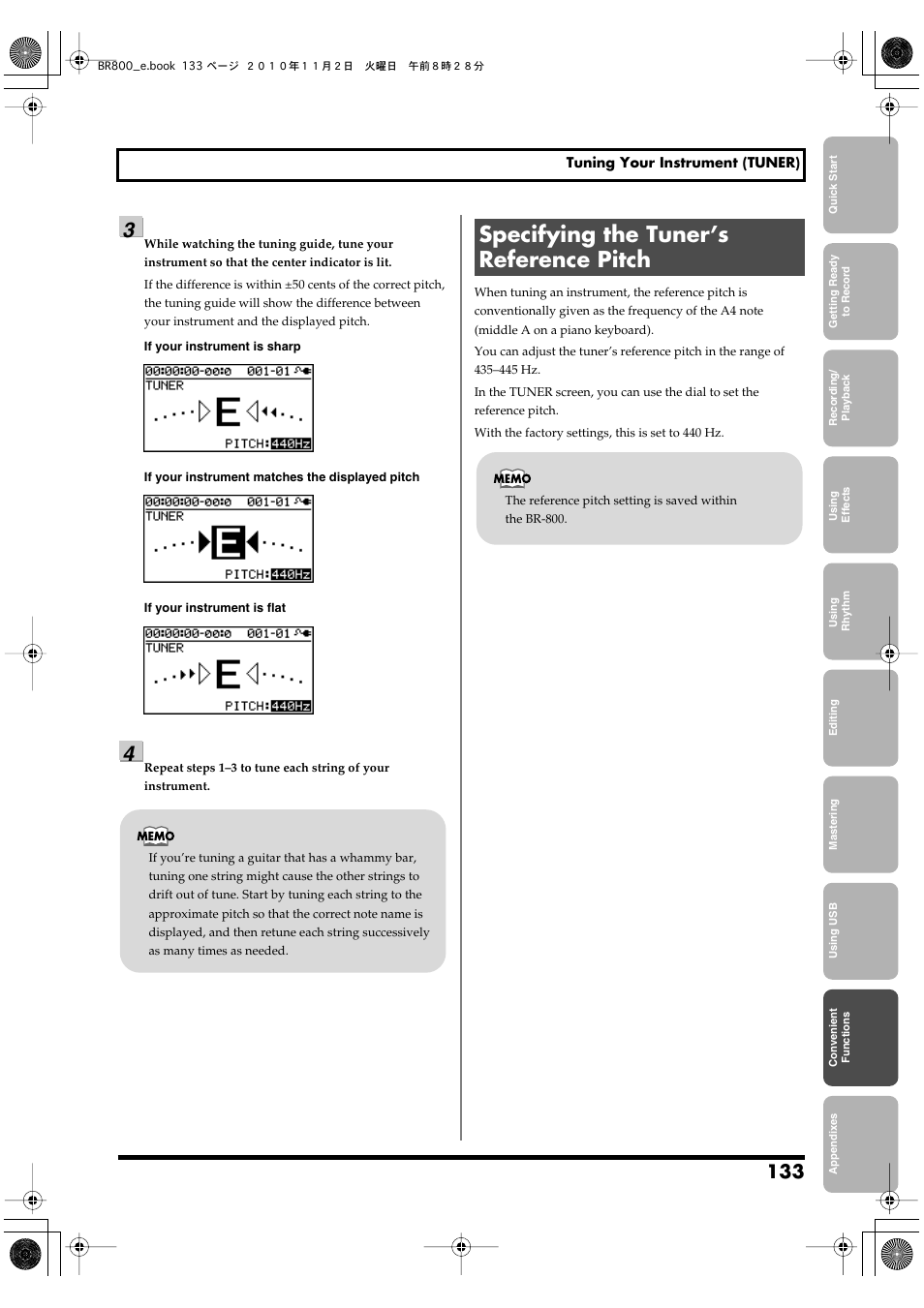 Specifying the tuner’s reference pitch | Boss Audio Systems BR-800 User Manual | Page 133 / 164
