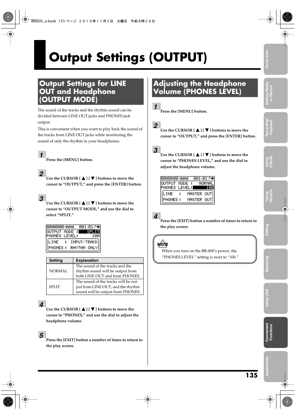Output settings (output), Adjusting the headphone volume (phones level) | Boss Audio Systems BR-800 User Manual | Page 135 / 164