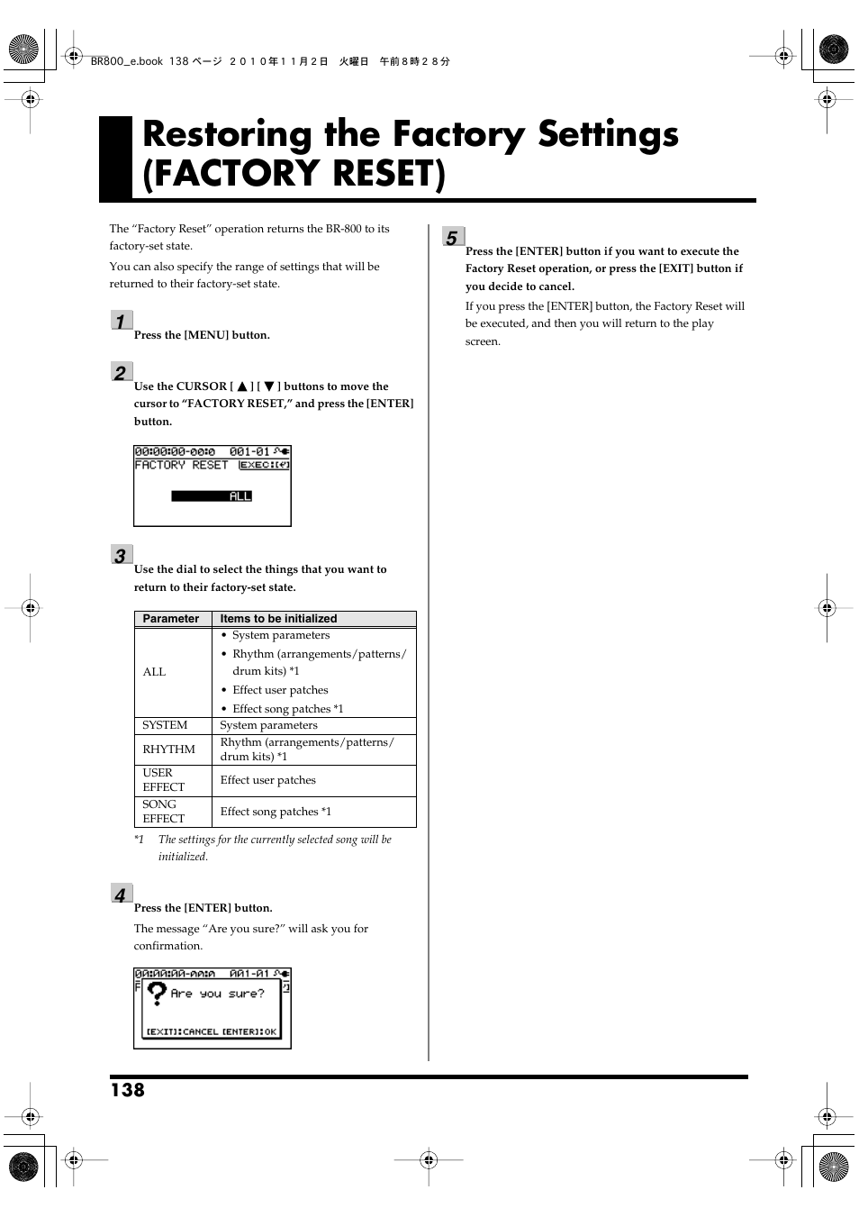Restoring the factory settings (factory reset) | Boss Audio Systems BR-800 User Manual | Page 138 / 164
