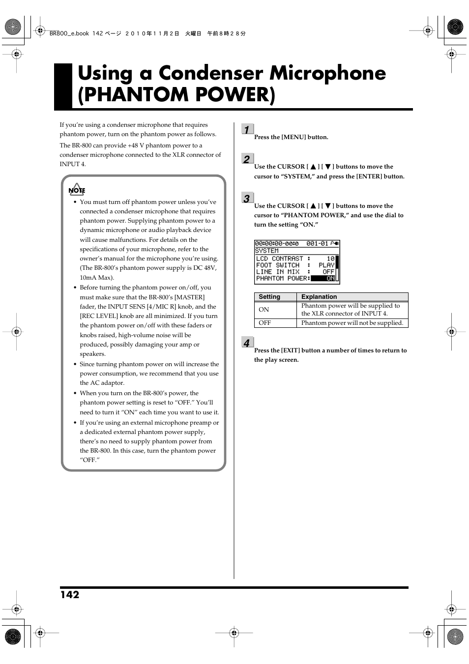 Using a condenser microphone (phantom power) | Boss Audio Systems BR-800 User Manual | Page 142 / 164
